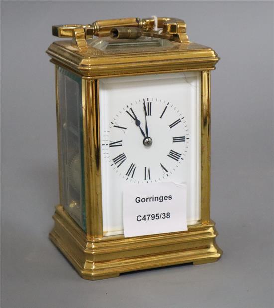 A late 19th century French eight day striking carriage clock